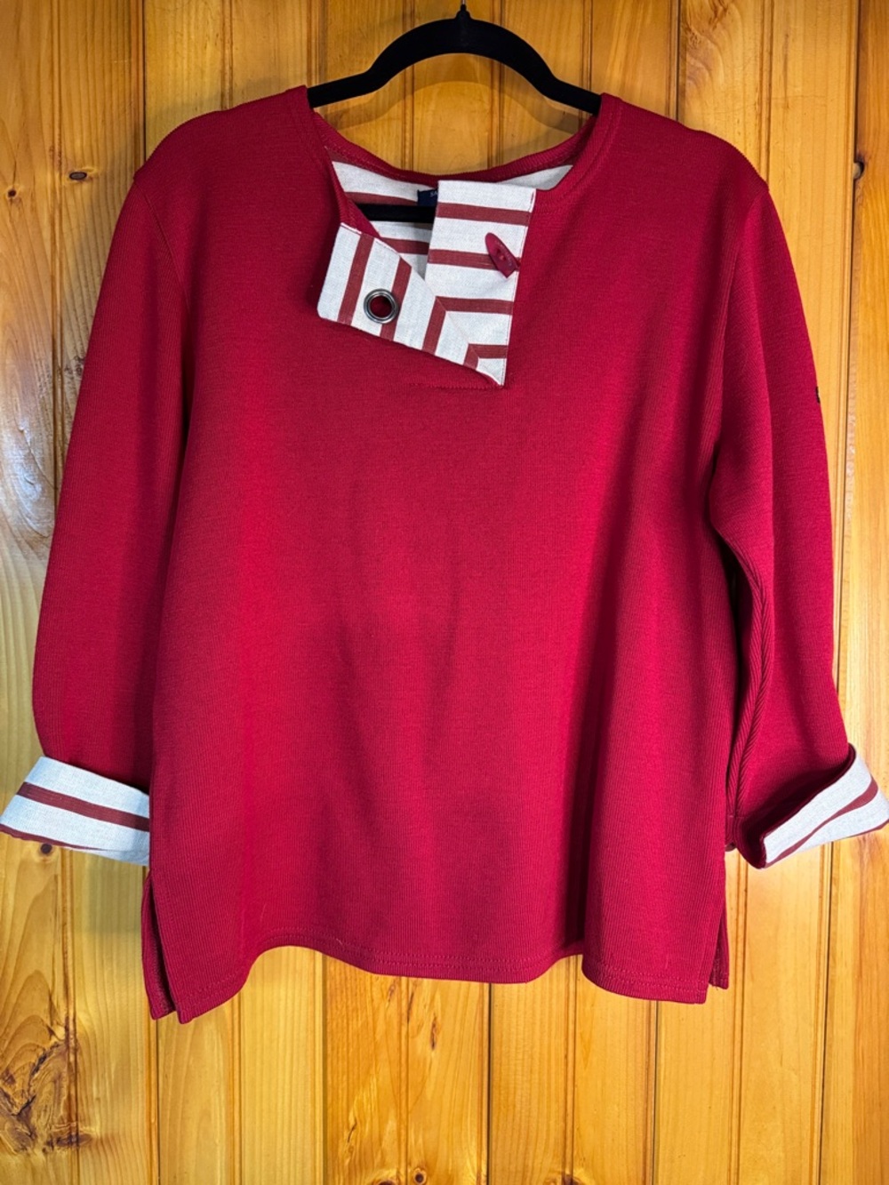 Saint James Gemini Systems Red Long-Sleeve Wool Knit Top with Striped Trim
